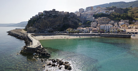 Aerial view of Pizzo Calabro, pier, castle, Calabria, tourism Italy. Panoramic view of the small town of Pizzo Calabro by the sea. Houses on the rock. On the cliff stands the Aragonese castleのeditorial素材