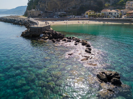 Aerial view of Pizzo Calabro, pier, castle, Calabria, tourism Italy. Panoramic view of the small town of Pizzo Calabro by the sea. Houses on the rock. On the cliff stands the Aragonese castleのeditorial素材