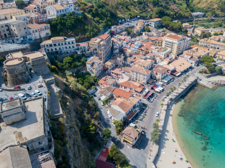 Aerial view of Pizzo Calabro, pier, castle, Calabria, tourism Italy. Panoramic view of the small town of Pizzo Calabro by the sea. Houses on the rock. On the cliff stands the Aragonese castleのeditorial素材