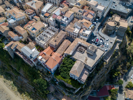Aerial view of Pizzo Calabro, pier, castle, Calabria, tourism Italy. Panoramic view of the small town of Pizzo Calabro by the sea. Houses on the rock. On the cliff stands the Aragonese castleのeditorial素材