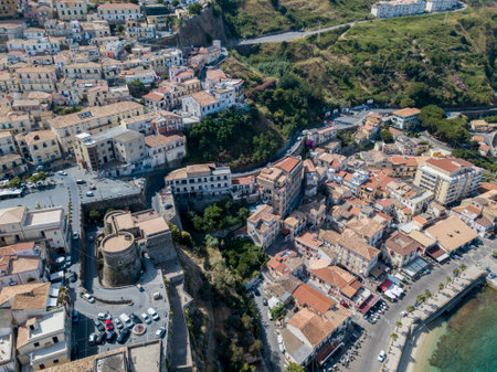 Aerial view of Pizzo Calabro, pier, castle, Calabria, tourism Italy. Panoramic view of the small town of Pizzo Calabro by the sea. Houses on the rock. On the cliff stands the Aragonese castleのeditorial素材