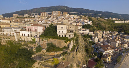 Aerial view of Pizzo Calabro, pier, castle, Calabria, tourism Italy. Panoramic view of the small town of Pizzo Calabro by the sea. Houses on the rock. On the cliff stands the Aragonese castleのeditorial素材