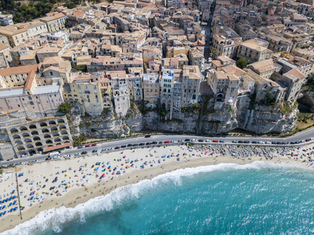Aerial view of Tropea, house on rock, Calabria. Italy. Tourist destination of southern Italy, seaside resort located on a cliff in the gulf of Sant'Eufemiaの写真素材