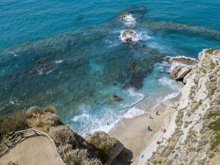 Aerial view of a promontory, coast, cliff, cliff overlooking the sea, Tropea, Calabria. italyの写真素材
