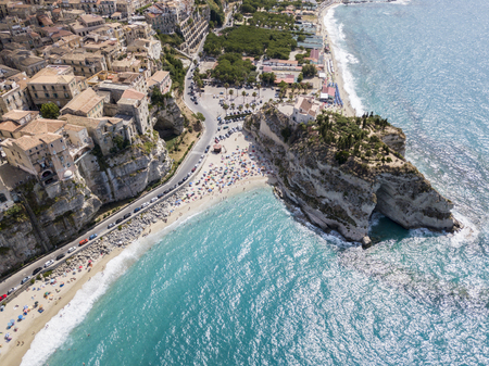 Aerial view of Tropea, house on the rock and Sanctuary of Santa Maria dell'Isola, Calabria. Italy. Tourist destinations of the most famous in Southern Italy, seaside resort located on a cliff in the gulf of Sant'Eufemiaの写真素材