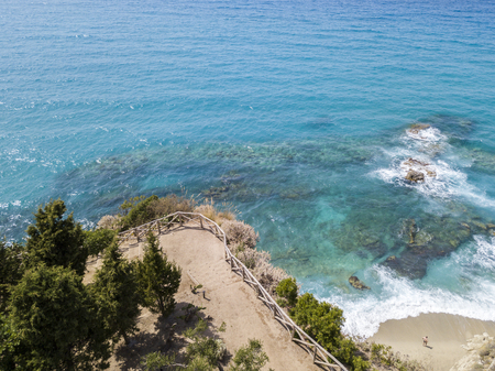 Aerial view of a promontory, coast, cliff, cliff overlooking the sea, Tropea, Calabria. italyの写真素材