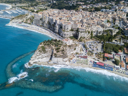 Aerial view of Tropea, house on the rock and Sanctuary of Santa Maria dell'Isola, Calabria. Italy. Tourist destinations of the most famous in Southern Italy, seaside resort located on a cliff in the gulf of Sant'Eufemiaの写真素材