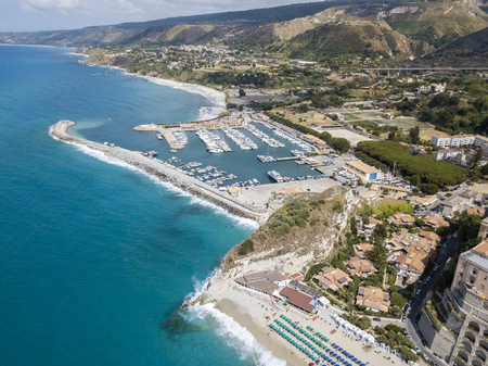 Aerial view of Tropea, house on rock, Calabria. Italy. Tourist destination of southern Italy, seaside resort located on a cliff in the gulf of Sant'Eufemiaの写真素材