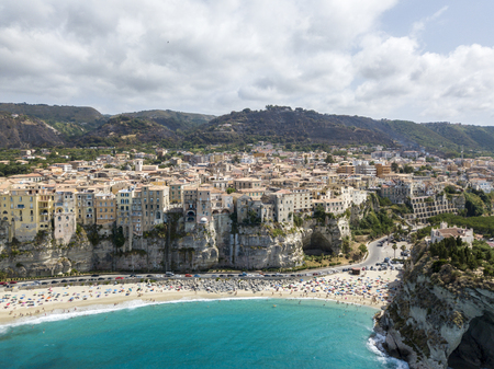 Aerial view of Tropea, house on rock, Calabria. Italy. Tourist destination of southern Italy, seaside resort located on a cliff in the gulf of Sant'Eufemiaの写真素材