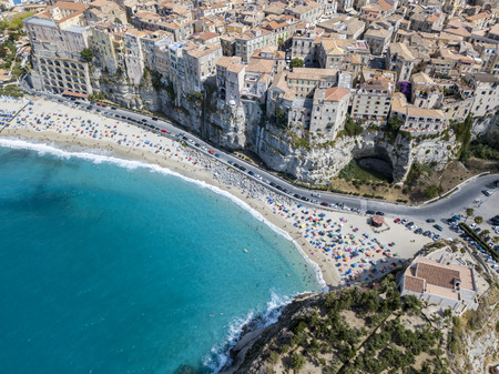 Aerial view of Tropea, house on the rock and Sanctuary of Santa Maria dell'Isola, Calabria. Italy. Tourist destinations of the most famous in Southern Italy, seaside resort located on a cliff in the gulf of Sant'Eufemiaの写真素材