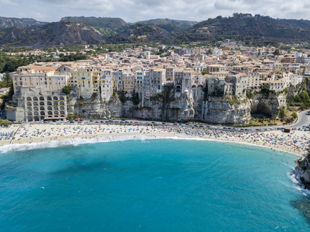 Aerial view of Tropea, house on rock, Calabria. Italy. Tourist destination of southern Italy, seaside resort located on a cliff in the gulf of Sant'Eufemiaの写真素材