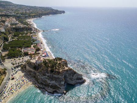 Aerial view of Tropea, house on the rock and Sanctuary of Santa Maria dell'Isola, Calabria. Italy. Tourist destinations of the most famous in Southern Italy, seaside resort located on a cliff in the gulf of Sant'Eufemiaの写真素材