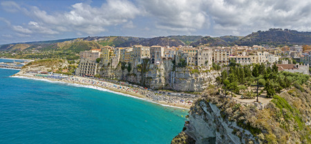 Aerial view of Tropea, house on the rock and Sanctuary of Santa Maria dell'Isola, Calabria. Italy. Tourist destinations of the most famous in Southern Italy, seaside resort located on a cliff in the gulf of Sant'Eufemiaの写真素材