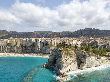 Aerial view of Tropea, house on the rock and Sanctuary of Santa Maria dell'Isola, Calabria. Italy. Tourist destinations of the most famous in Southern Italy, seaside resort located on a cliff in the gulf of Sant'Eufemiaの写真素材