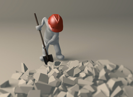 White puppet, White whit, with shovel and protective helmet. Dig debris, build, break down. 3d renderingの写真素材