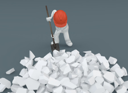 White puppet, White whit, with shovel and protective helmet. Dig debris, build, break down. 3d renderingの写真素材