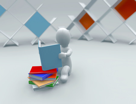 White puppet, White whit, with book in hand and bookcase in background. Study and do homework, read the pastimeの写真素材