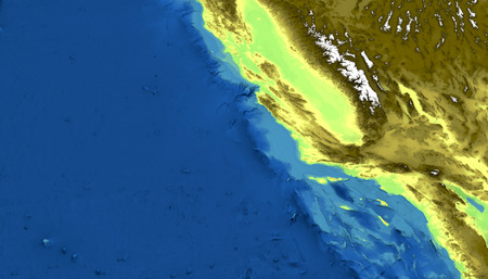 Physical map of California, San Francisco, Los Angeles, mountains, Pacific Ocean and hills, mountain ranges and fault of Sant'Andrea. Nevada. 3d renderingの写真素材