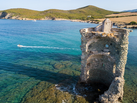 Aerial View of the Genovese Tower, Tour Genoise, Cap Corse Peninsula, Corsica. Coastline. franceの写真素材