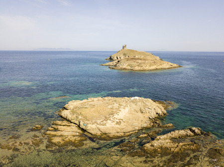 Aerial view of the islands of Finocchiarola, Mezzana, Earth, Peninsula of Cap Corse, Corsica. Tyrrhenian Sea, Uninhabited Islands that are part of the municipality of Rogliano. France.の写真素材