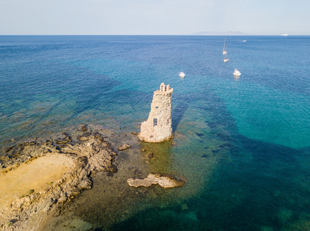 Aerial View of the Genovese Tower, Tour Genoise, Cap Corse Peninsula, Corsica. Coastline. franceの写真素材