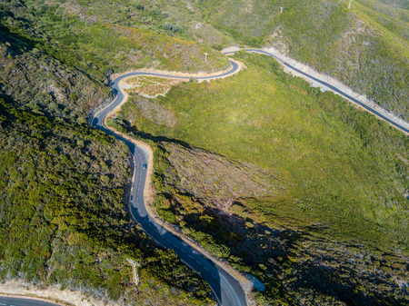 Aerial view of winding roads of the French coast. Cap Corse Peninsula, Corsica. Coastline. franceの写真素材
