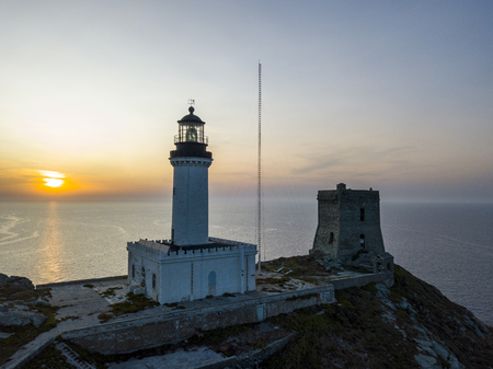 Aerial view of the Lighthouse and Tower on the island of Giraglia, the northernmost point of the Cap Corse peninsula. Corsica Franceの写真素材