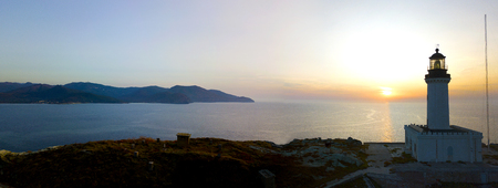 Aerial view of the Lighthouse and Tower on the island of Giraglia, the northernmost point of the Cap Corse peninsula. Corsica Franceの写真素材