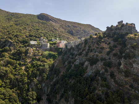 Aerial view of Nonza and tower on a cliff overlooking the sea. Cap Corse Peninsula, Corsica. Coastline. franceの写真素材