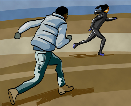 Girl running out, woman escaping an assailant. Migrants fleeing. Violenceの写真素材