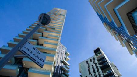 Solaria tower, Milan, Porta Nuova skyscraper residences, Italy. Milan Administrative Center. Italy's tallest residential building. View from the raised square Alvar Aaltoのeditorial素材