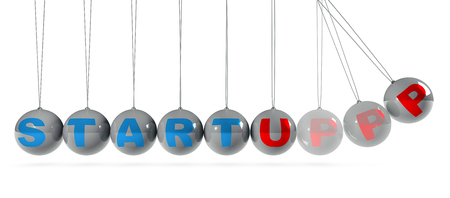 Startup and Newton's cradle, it is a device that demonstrates the conservation of momentum and energy by using a series of swinging spheres. The device is also known as Newton's Balls or Executive Ball Clicker. Birth and growth of new ideas. Creating companies. Starting a new business. 3d renderingの写真素材