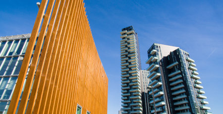 Solaria tower, Milan, Porta Nuova skyscraper residences, Italy. Milan Administrative Center. Italy's tallest residential building. View from the pedestrian bridge of Alvar Aalto squareのeditorial素材