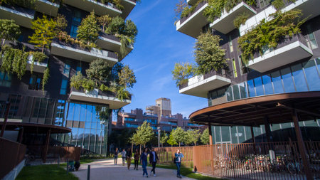 Vertical Forest, Milan, Porta Nuova skyscraper residences, Italy. View of the balconies and terraces of the Vertical Forest, full of green plantsのeditorial素材