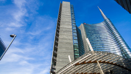 Unicredit tower, square Gae Aulenti, Milan, Italy. October 7, 2017. View of the Unicredit tower, the tallest skyscraper in Italyのeditorial素材