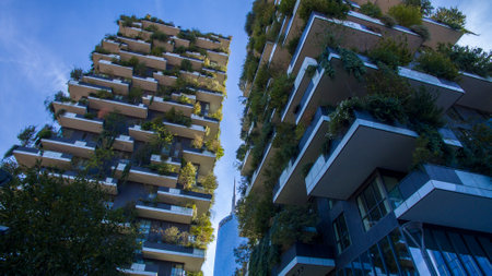 Vertical Forest, Milan, Porta Nuova skyscraper residences, Italy, October 7, 2017. View of the Balconies and Terraces of the Vertical Forest, full of green plantsのeditorial素材