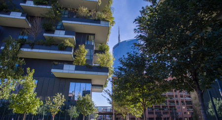 Vertical Forest, Milan, Porta Nuova skyscraper residences, Italy, October 7, 2017. View of the Balconies and Terraces of the Vertical Forest, full of green plantsのeditorial素材