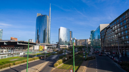 Garibaldi Station and Skyscrapers. Unicredit Tower and the urban area of ??Milan, Italyのeditorial素材