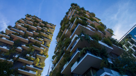 Vertical Forest, Milan, Porta Nuova skyscraper residences, Italy, October 7, 2017. View of the Balconies and Terraces of the Vertical Forest, full of green plantsのeditorial素材