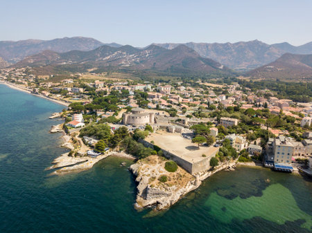 Aerial view of the village of Saint Florent, Corsica. France. Harbor boats and housesのeditorial素材