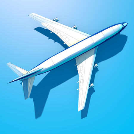 Aerial view of a blue airplane, long shadow, 3d renderの写真素材