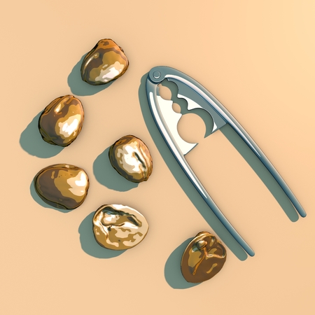 Nuts with shell and tool to split the nuts, split, seen from above. 3d renderingの写真素材