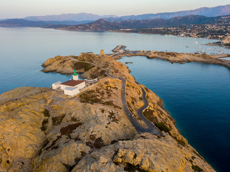 Aerial view of the Stone Lighthouse at sunset, Ile-Rousse, Red Island Corsica, Corsica, Franceの写真素材