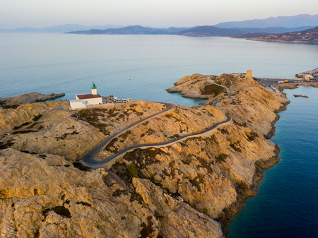Aerial view of the Stone Lighthouse at sunset, Ile-Rousse, Red Island Corsica, Corsica, Franceの写真素材