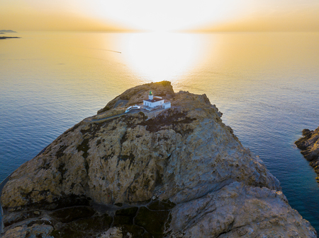 Aerial view of the Stone Lighthouse at sunset, Ile-Rousse, Red Island Corsica, Corsica, Franceの写真素材