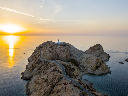 Aerial view of the Stone Lighthouse at sunset, Ile-Rousse, Red Island Corsica, Corsica, Franceの写真素材