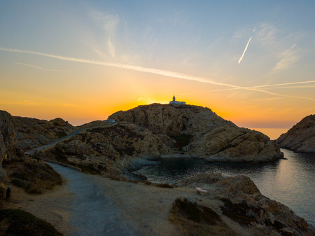 Aerial view of the Stone Lighthouse at sunset, Ile-Rousse, Red Island Corsica, Corsica, Franceの写真素材