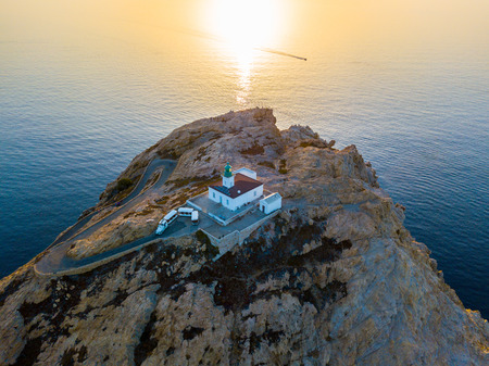 Aerial view of the Stone Lighthouse at sunset, Ile-Rousse, Red Island Corsica, Corsica, Franceの写真素材