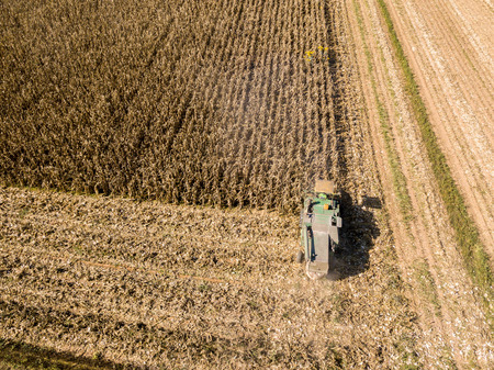 Combine harvesting seed from fields, aerial view of a field with a combine harvester with cornhusker gathering the crop. Agriculture and cultivation, cuttings, corn threshing, fields in the countrysideの写真素材