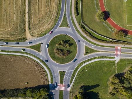 Aerial view of a roundabout and vehicle circulationの写真素材